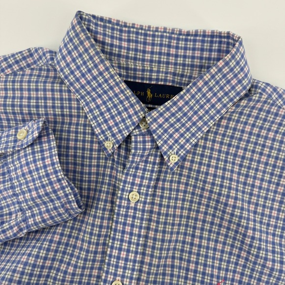 Ralph Lauren Men's Large Blue Plaid Check Button Down Shirt Pink Pony Slim Fit - Picture 1 of 8